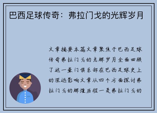 巴西足球传奇：弗拉门戈的光辉岁月