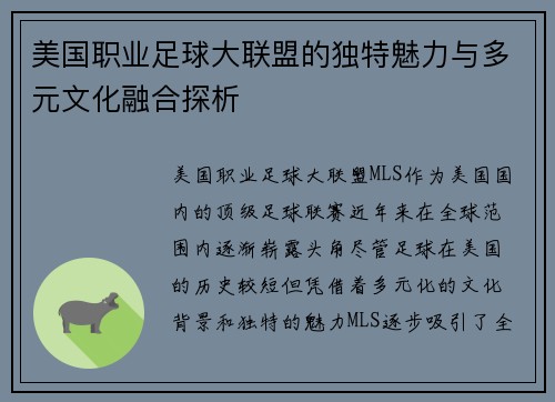 美国职业足球大联盟的独特魅力与多元文化融合探析