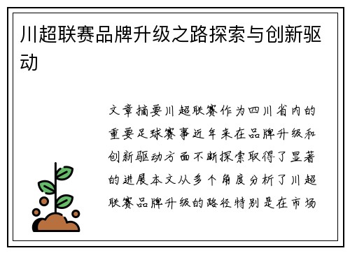 川超联赛品牌升级之路探索与创新驱动