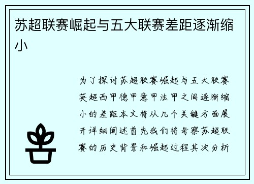 苏超联赛崛起与五大联赛差距逐渐缩小