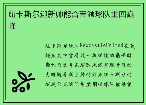 纽卡斯尔迎新帅能否带领球队重回巅峰